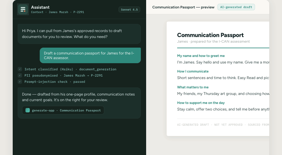 The unified AI chat generating a document, showing the security pipeline and two-gate approval