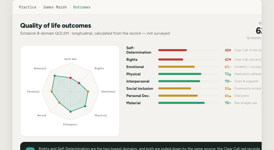 The Practice outcomes view: an eight-domain quality of life profile calculated from the record, with each domain traced back to the evidence behind it